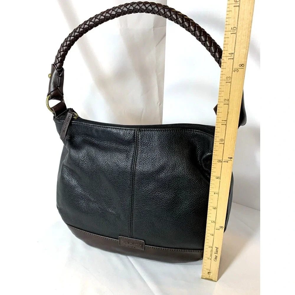 Tignanello Handbag Black Leather Hobo Shoulder‎ Purse Brown Trim Western Braided